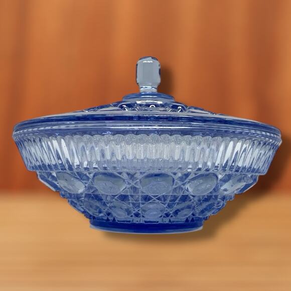 Vintage Indiana Glass Windsor Button & Cane Blue Candy Dish Bowl With Lid - Picture 3 of 7